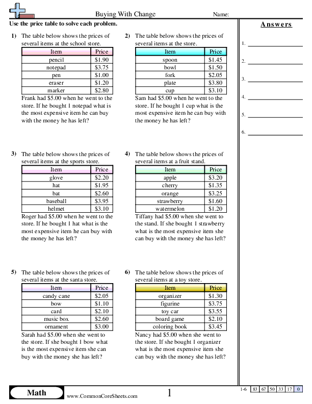 4.md.2 Worksheets - Buying With Change worksheet